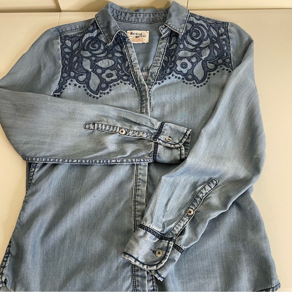 HOLDING HORSES Blue Denim Button-Down Shirt with Embroidered Yoke - Picture 5 of 9